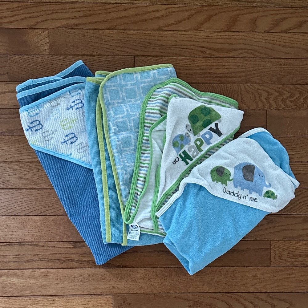 💦 GERBER & CIRCO baby hooded towels bundle VGUC white blue green elephant turtle